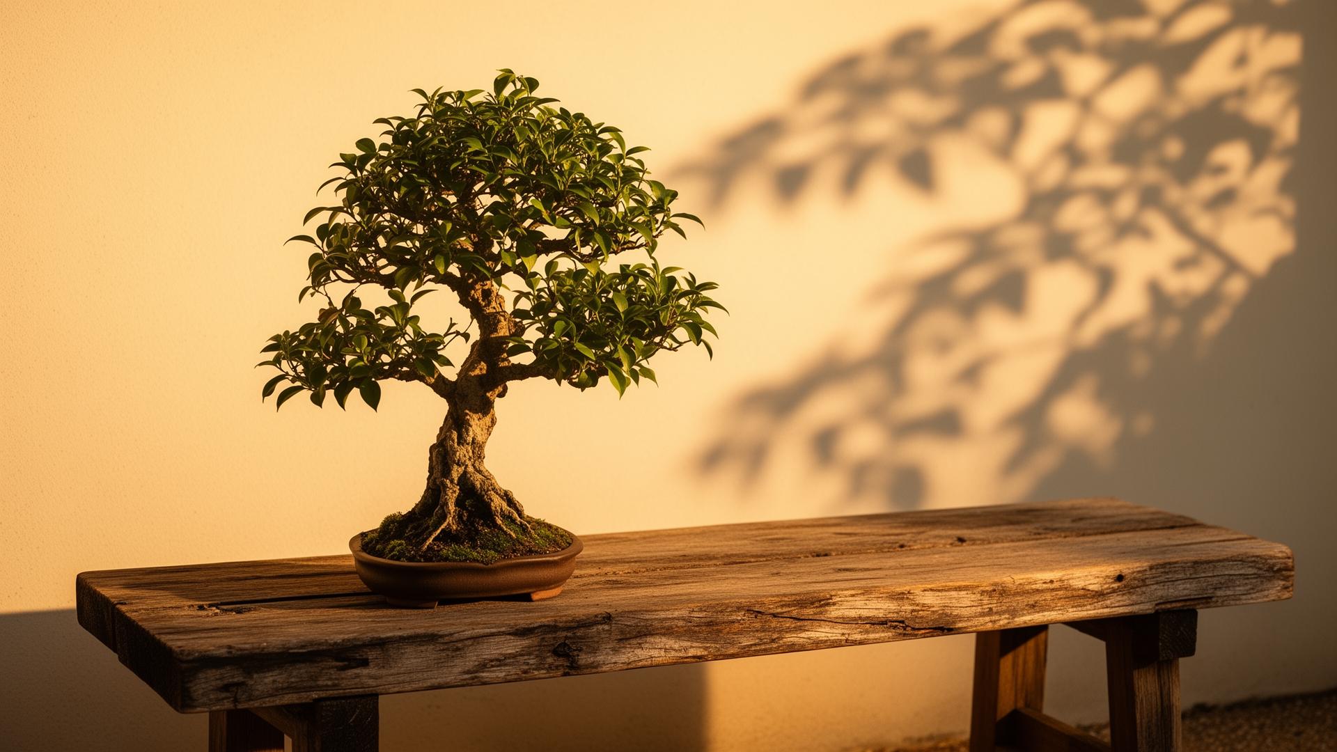 A small bonsai tree on a wooden bench with soft leaf shadows